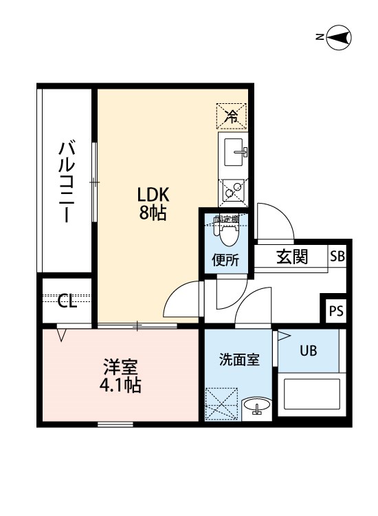 リブラス南荒子 間取り　ＬＤＫ8帖　洋室4.1帖　脱衣洗面所　バルコニー
