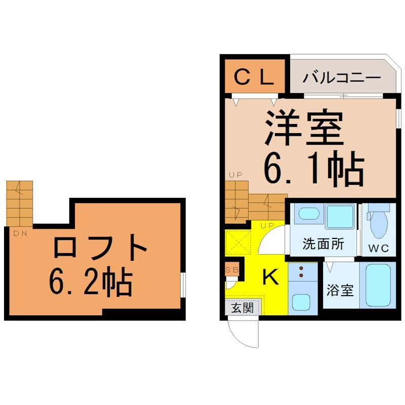 ウィングＭＫ桜山 間取図　洋室6.1帖　ロフト6.2帖　脱衣洗面所　バルコニー