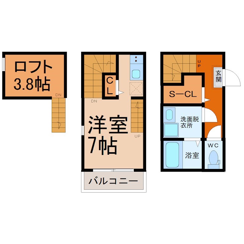 ウィングＭＫ桜山 間取図　洋室7帖　ロフト3.8帖　脱衣洗面所　バルコニー