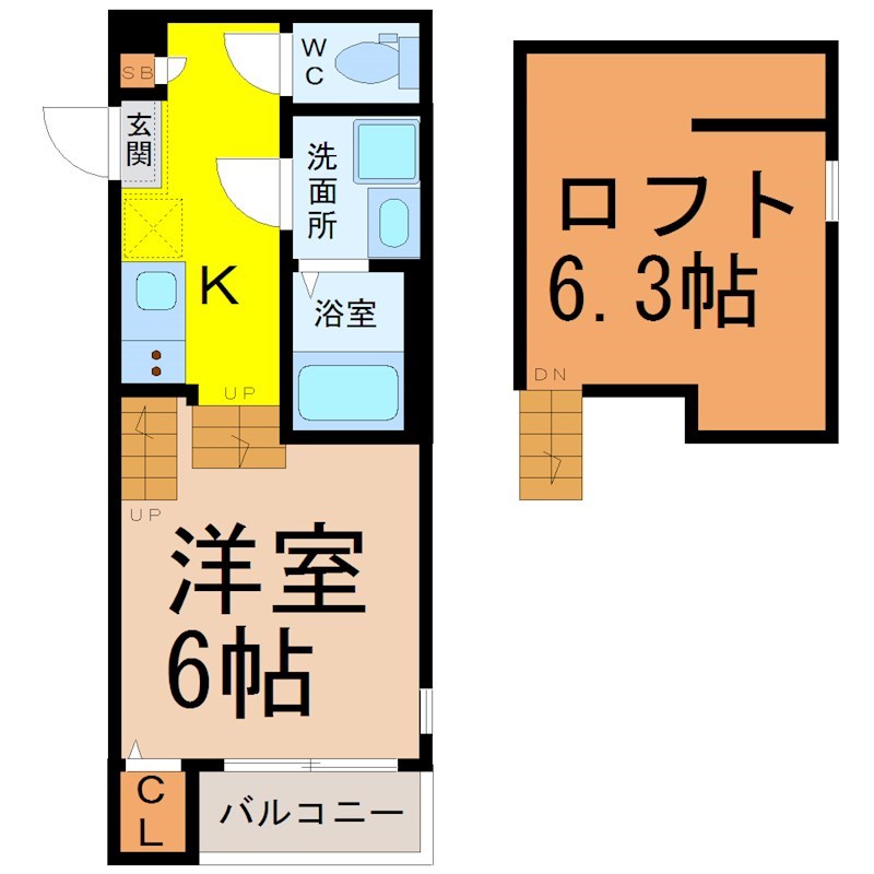 （仮称）瑞穂区中山町四丁目新築アパート 間取図　洋室6帖　ロフト6.3帖　脱衣洗面所　バルコニー