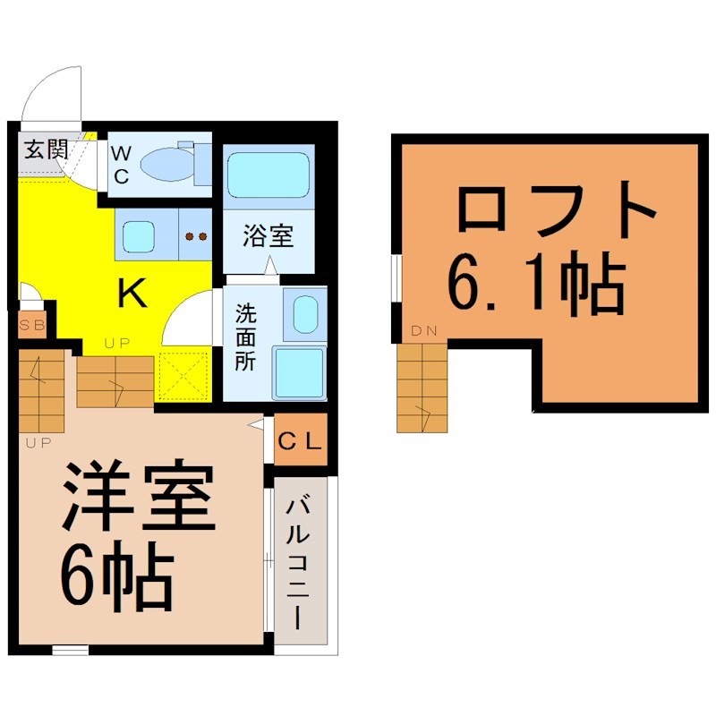パークレジデンス呼続 間取図　洋室6帖　ロフト6.1帖　脱衣洗面所　バルコニー