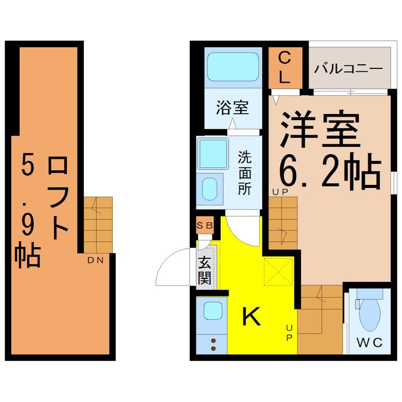 パークレジデンス呼続 間取図　洋室6.2帖　ロフト5.9帖　脱衣洗面所　バルコニー