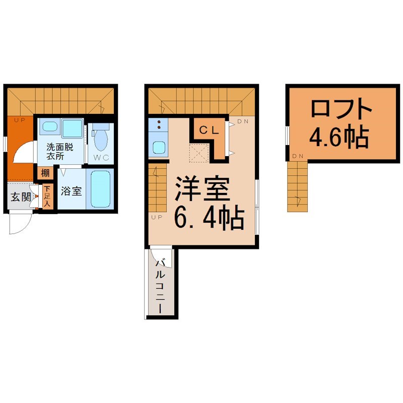 パークレジデンス呼続 間取図　洋室6.4帖　ロフト4.6帖　脱衣洗面所　バルコニー
