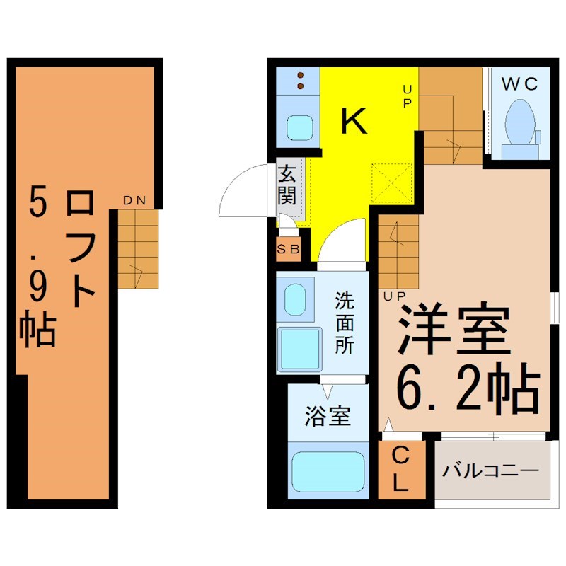 パークレジデンス呼続 間取図　洋室6.2帖　ロフト5.9帖　脱衣洗面所　バルコニー