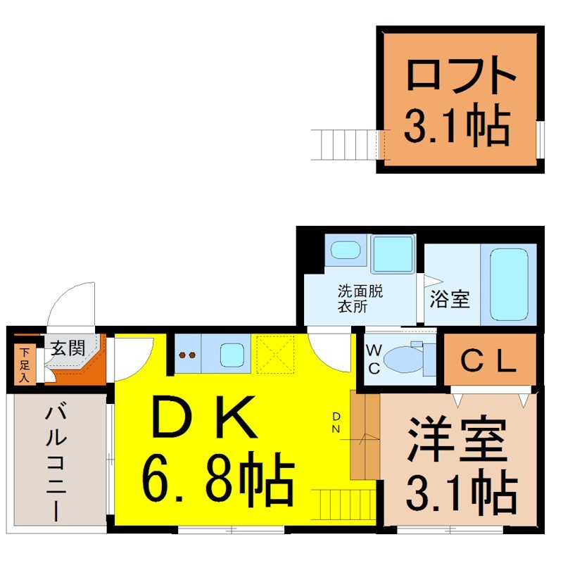 ハーモニーテラス大宝Ⅰ 間取図　ＤＫ6.8帖　洋室3.1帖　脱衣洗面所　バルコニー