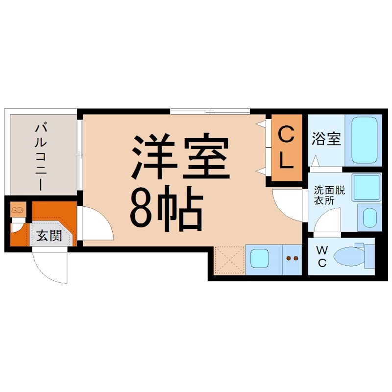ハーモニーテラス大宝Ⅰ 間取図　洋室8帖　脱衣洗面所　バルコニー