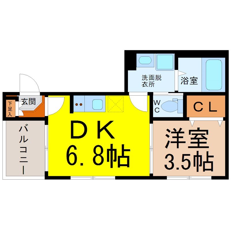 ハーモニーテラス大宝Ⅰ 間取図　ＤＫ6.8帖　洋室3.5帖　脱衣洗面所　バルコニー