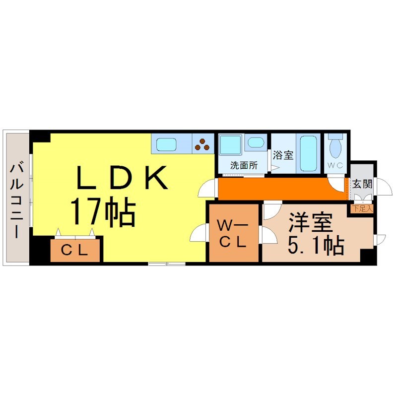 Ｔｈｅ　Ｓｅｎｇｅｎ　Ｔｅｒｒａｃｅ （センゲンテラス） 間取り　ＬＤＫ17帖　洋室5.1帖　脱衣洗面所　バルコニー