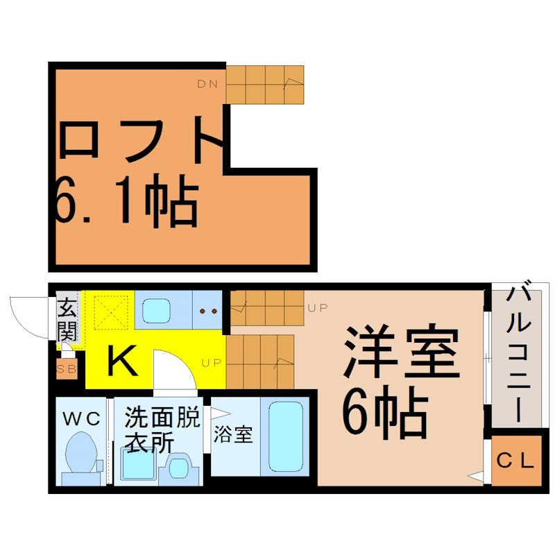 ＭｏｏｎＰａｒｋ千種（ムーンパーク千種） 間取り　洋室6帖　ロフト6.1帖　脱衣洗面所　バルコニー