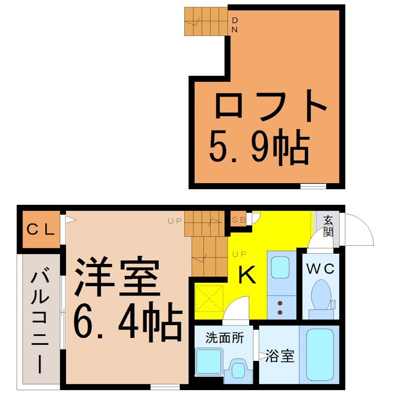 ＦＲＩＥＮＤ（フレンド） 間取り　洋室6.4帖　ロフト5.9帖　脱衣洗面所