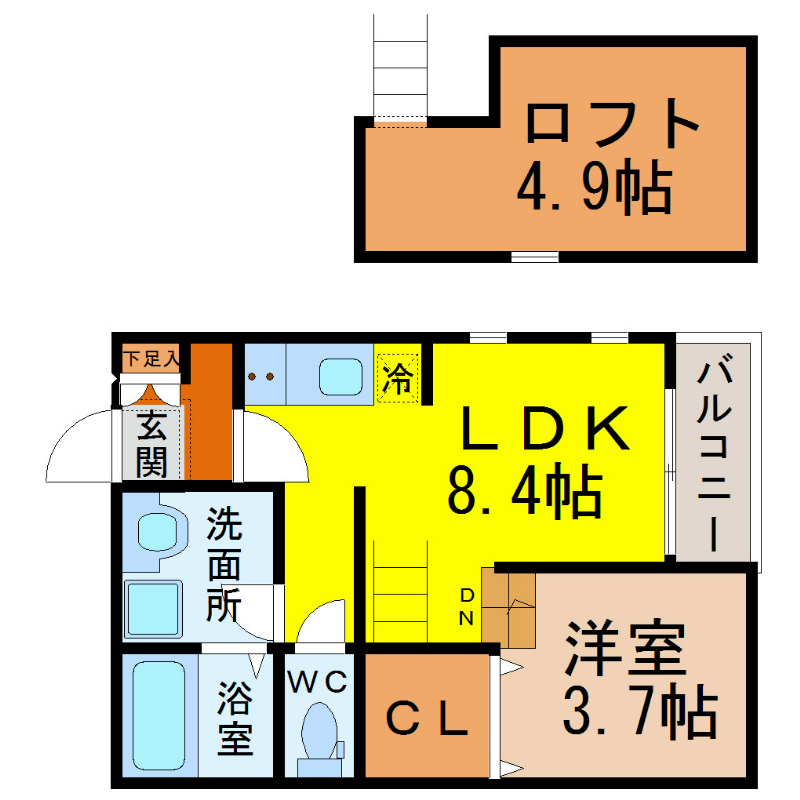 ＡｂｉｓｋｏII（アビスコツー） 間取図　ＬＤＫ8.4帖　洋室3.7帖　脱衣洗面所