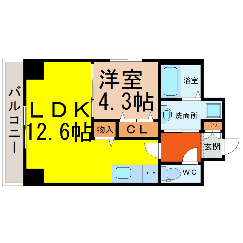 ＧＲＡＮＤＵＫＥ鶴舞ｐｒｏｓｔ 間取図　ＬＤＫ12.6帖　洋室4.3帖　バルコニー