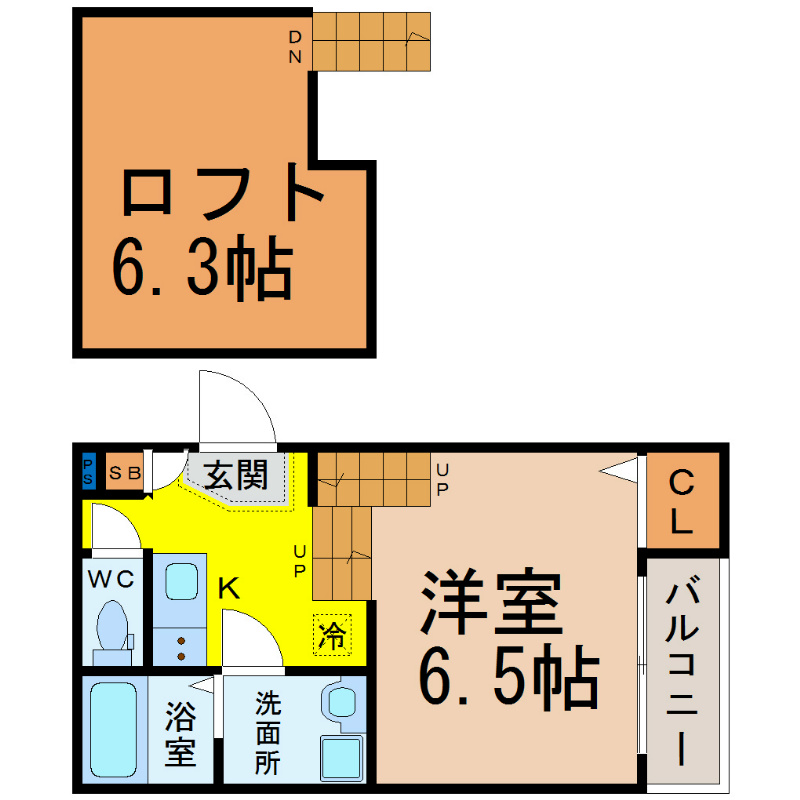 Gｒａｎｄｅ鶴羽 間取図　洋室6.5帖　ロフト6.3帖　脱衣洗面所　バルコニー
