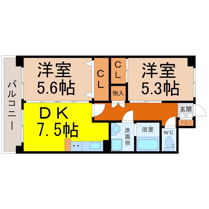 グランシャリオ千種 間取図　ＤＫ7.5帖　洋室5.6帖　洋室5.3帖
