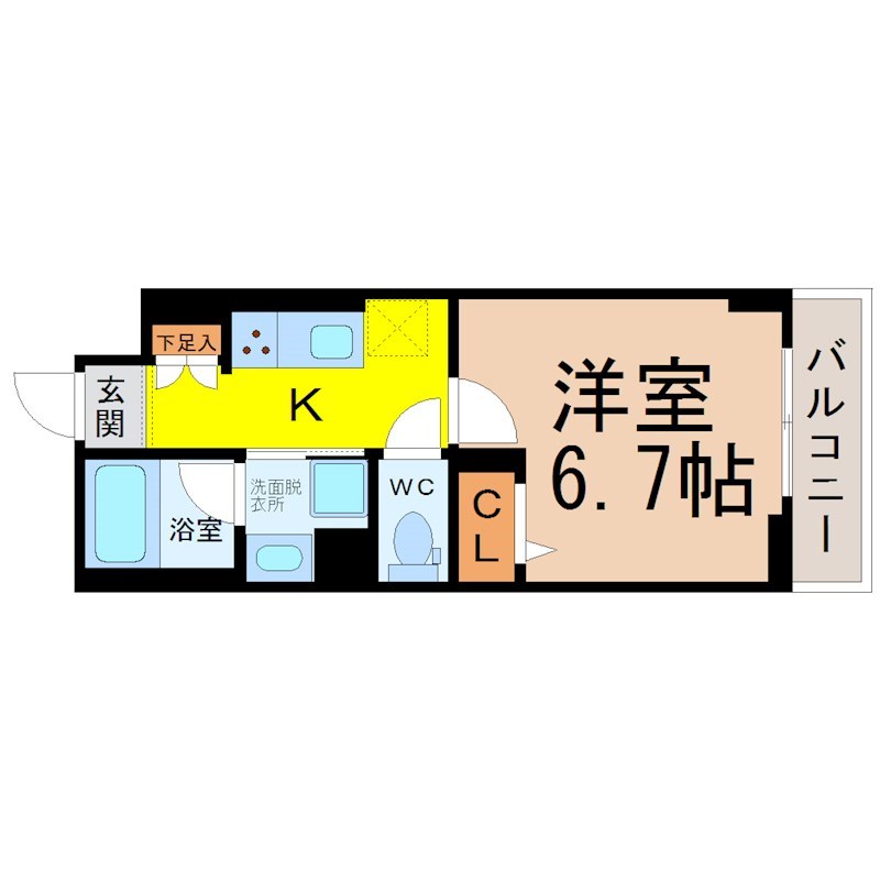 アスピラシオン尾頭橋 間取図　洋室6.7帖　脱衣洗面所　バルコニー
