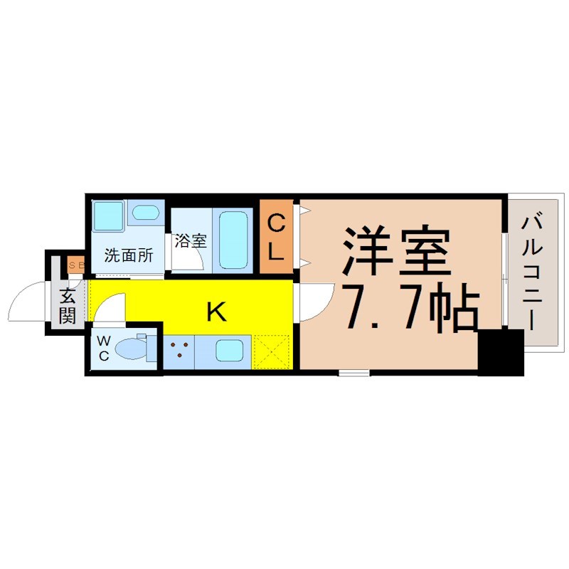 カーサニア尾頭橋 間取図　洋室7.7帖　脱衣洗面所　バルコニー