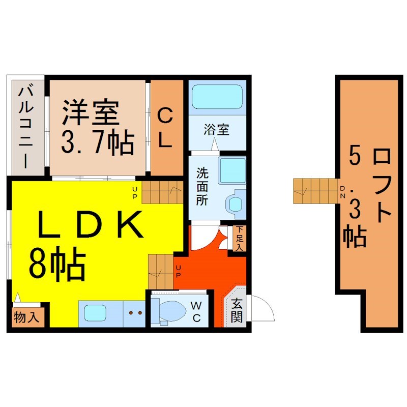 ハーモニーテラス名駅南 間取図　ＬＤＫ8帖　洋室3.7帖　ロフト5.3帖　洗面脱衣所