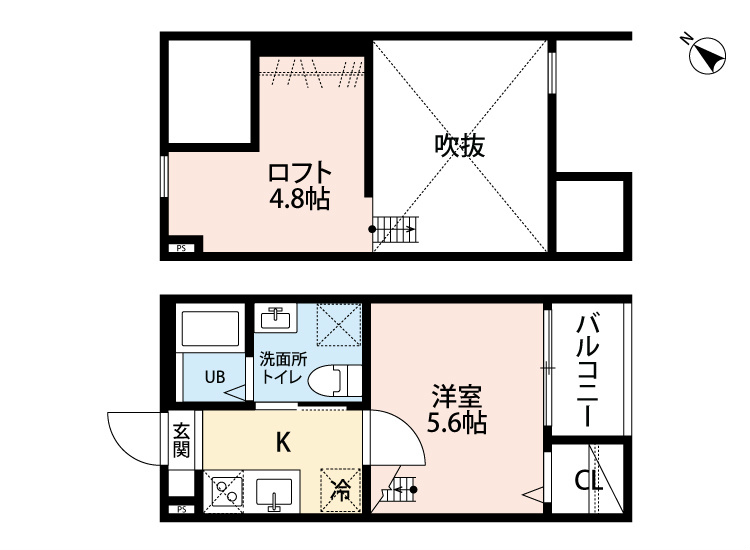 Ｔｒｏｉｓ　ｅｔｏｉｌｅｓ（トロワゼトワル） 間取図　洋室5.6帖　ロフト4.8帖　脱衣洗面所　バルコニー