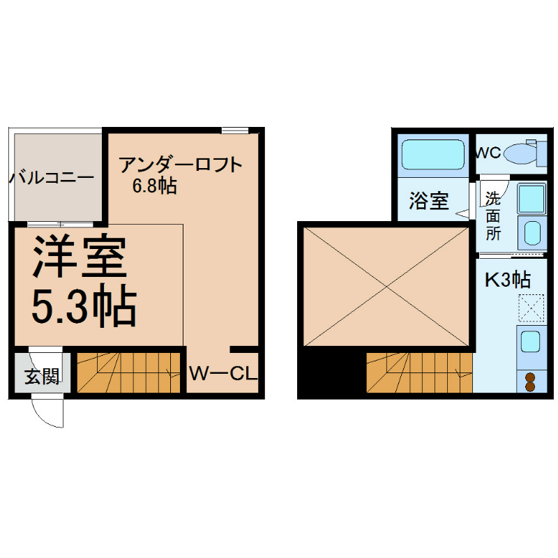 アプローズ  洋室5.3帖　床下ロフト6.8帖（ロフトを収納として使っても使えます）家具家電（冷蔵庫・レンジ・洗濯