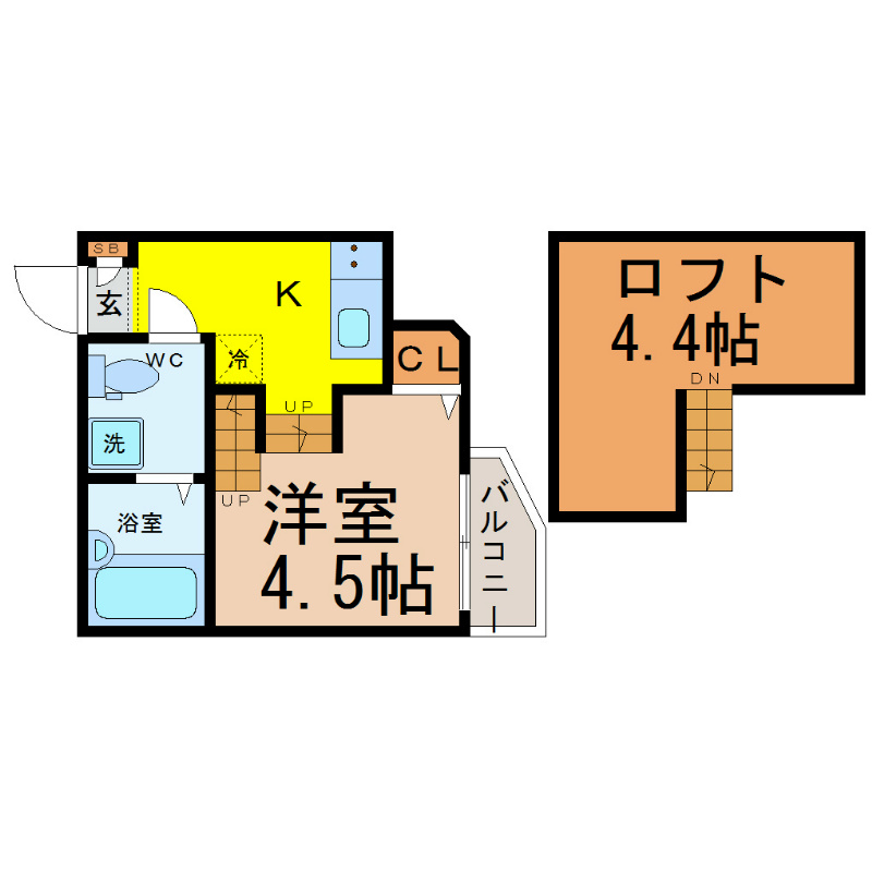 スカイヒル新栄 間取図　洋室4.5帖　ロフト4.4帖　脱衣所　バルコニー