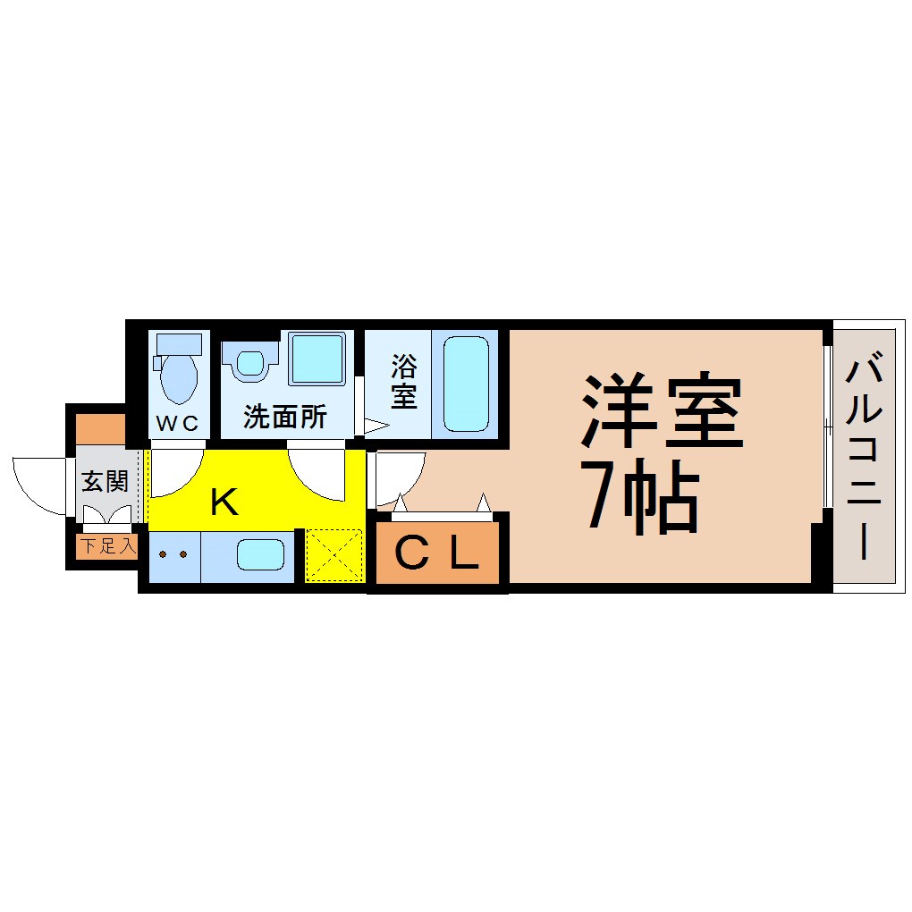 ジェルメ大喜新町II 間取図　洋室7帖　脱衣洗面所　南面バルコニー