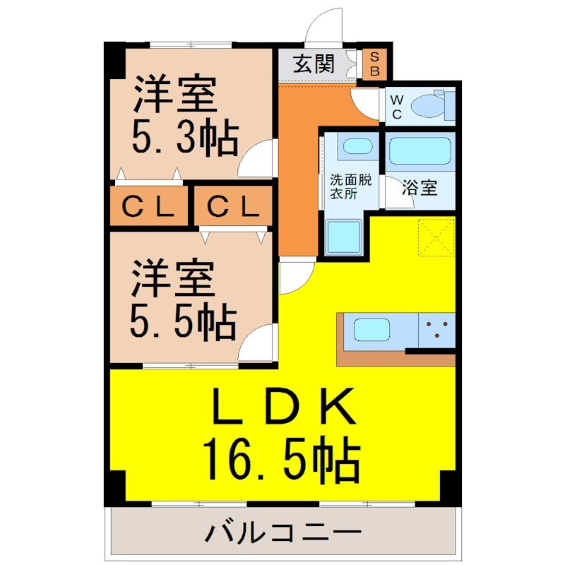 フォレスタ阿由知 間取図　ＬＤＫ16.5帖　脱衣洗面所　南面バルコニー