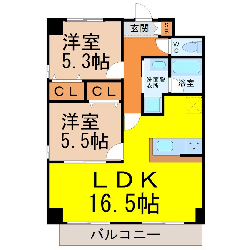 フォレスタ阿由知 間取図　ＬＤＫ16.5帖　脱衣洗面所　南面バルコニー