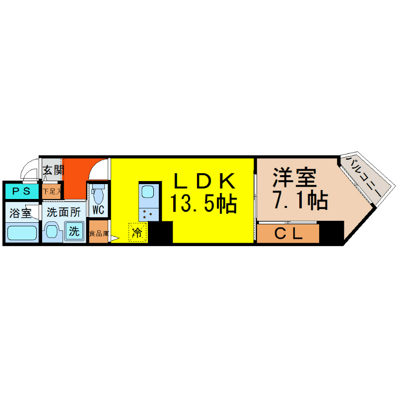 ＡＸＩＡ名駅（アクシア名駅） 間取図　ＬＤＫ13.5帖　洋室7.1帖　南面バルコニー