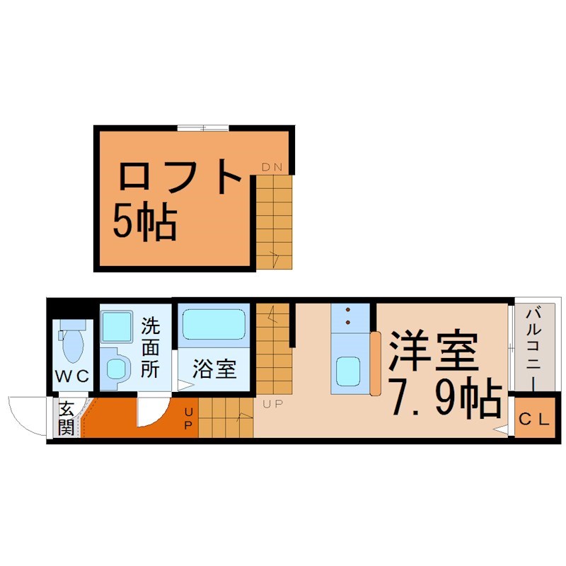 ハーモニーアスカ 間取図　洋室7.9帖　ロフト5帖　脱衣洗面所　バルコニー