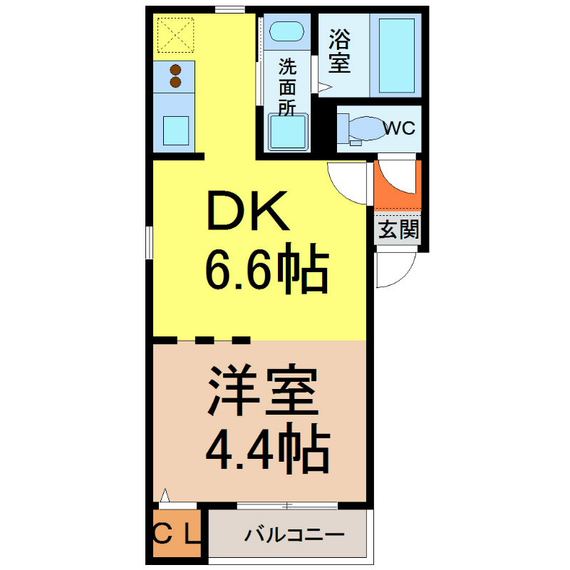 グランコンフォール米野Ⅰ 間取り　ＤＫ6.6帖　洋室4.4帖