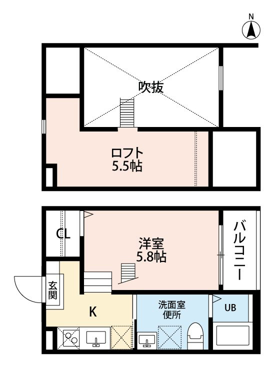ＢＬＵＥＧＯＡＴ（ブルーゴート） 間取図　洋室5.8帖　ロフト5.5帖　脱衣洗面所　バルコニー