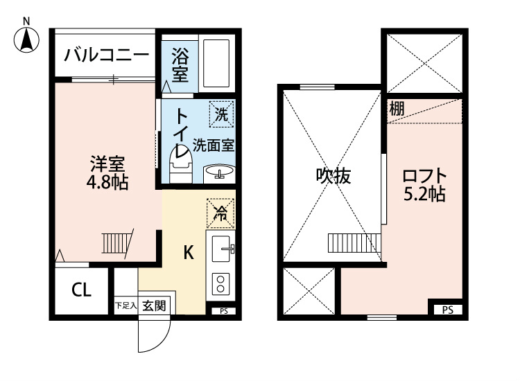 ＣＲＥＡ遠若 間取図　洋室4.8帖　ロフト5.2帖