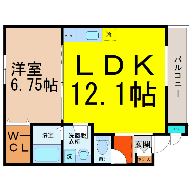 ルシクラージュ 間取図　ＬＤＫ12.1帖　洋室6.75帖　南面バルコニー