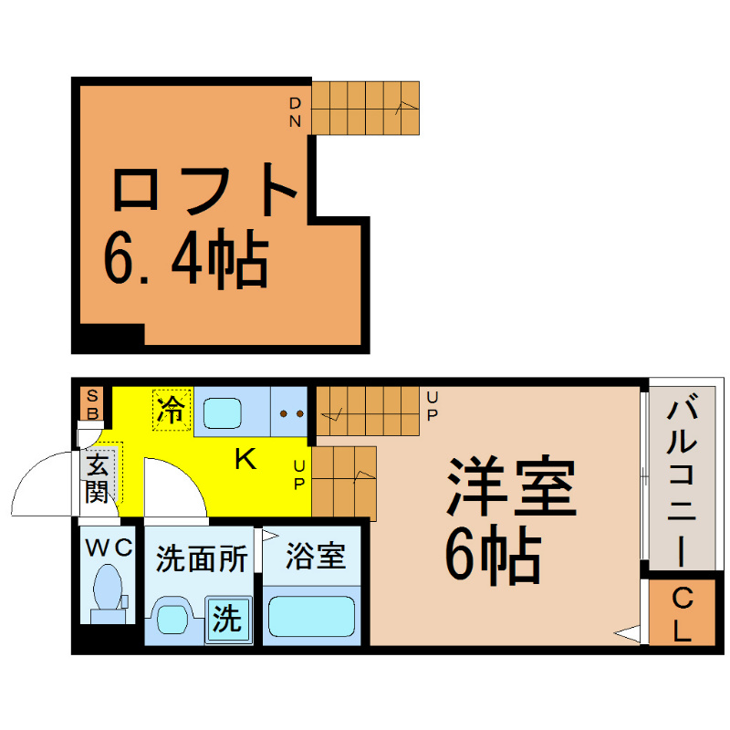 Ｓｔａｇｅ上高畑（ステージ上高畑） 間取り　洋室6帖　ロフト6.4帖　脱衣洗面所