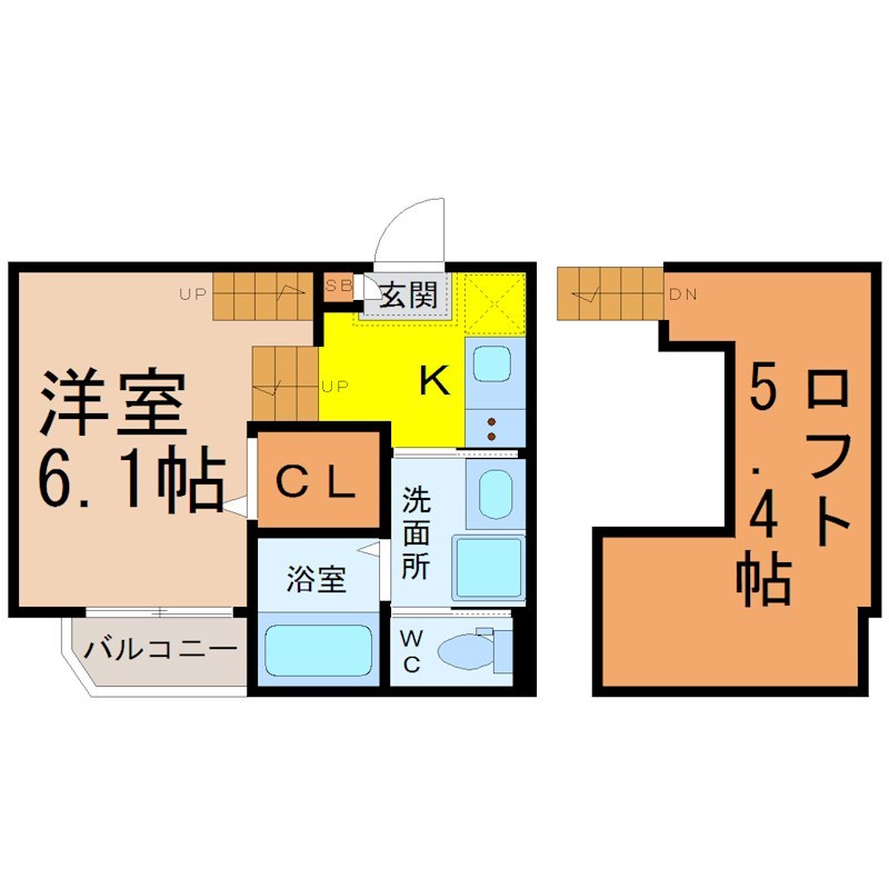 ハーモニーテラス波寄町 間取図　洋室6.1帖　ロフト5.4帖　脱衣洗面所　バルコニー