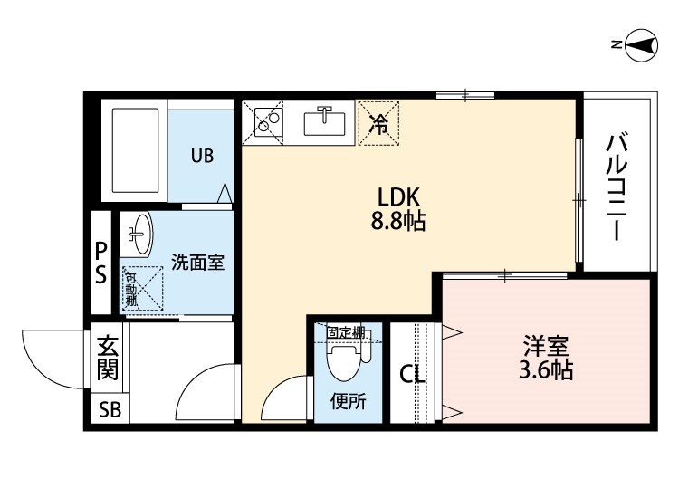 ノーブル名城 間取り　ＬＤＫ8.8帖　洋室3.6帖　脱衣洗面所　バルコニー