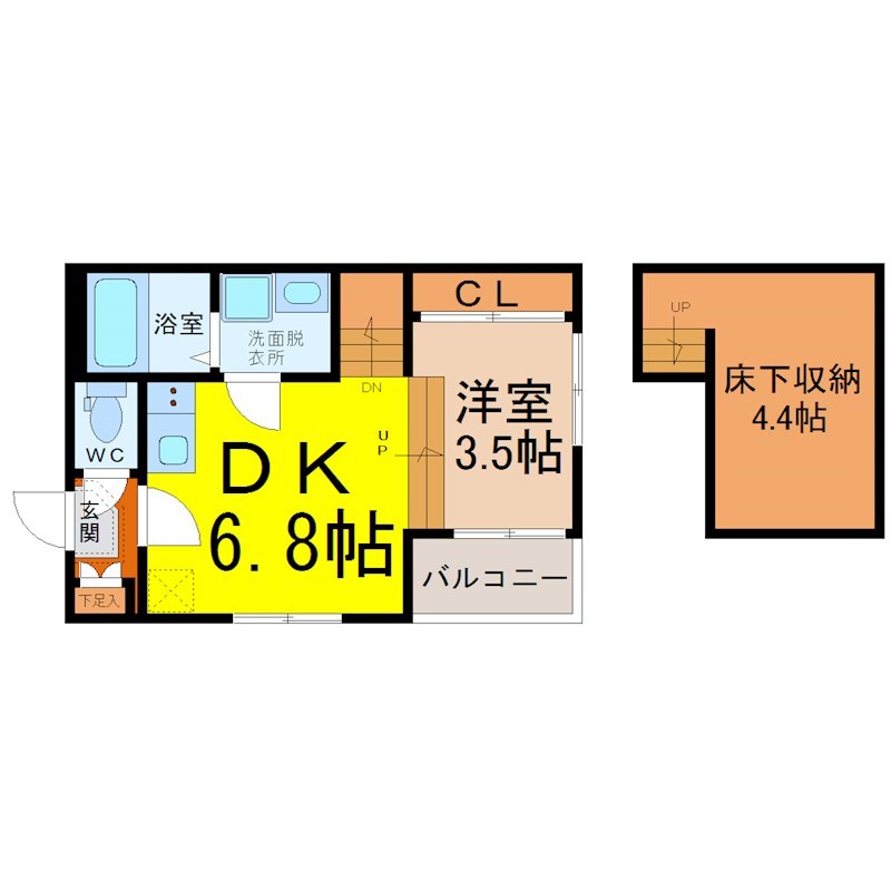 プレミアムテラス松葉町 間取図　ＤＫ6.8帖　洋室3.5帖　床下収納4.4帖