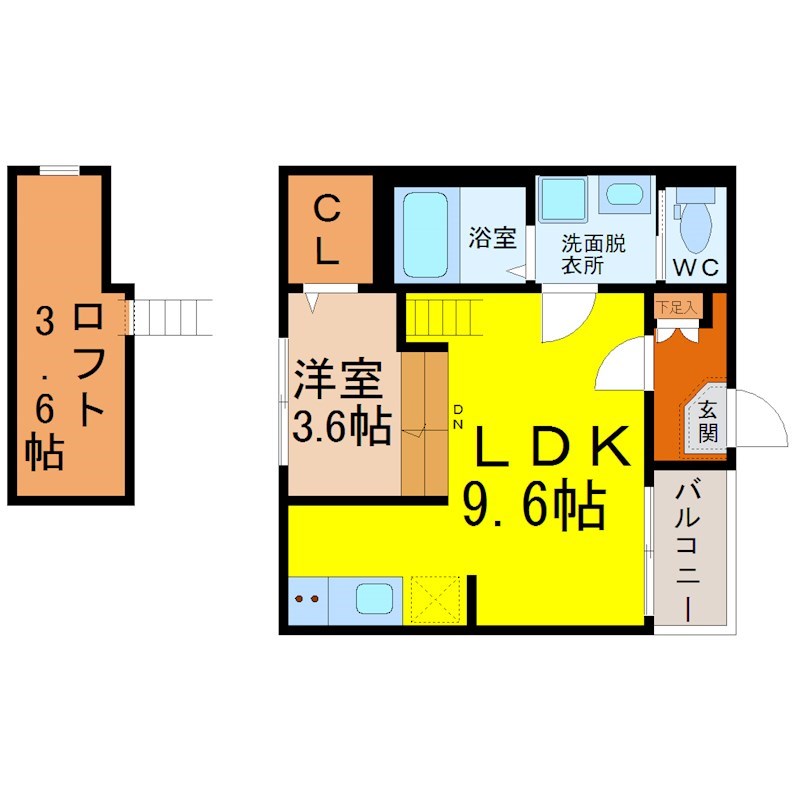 プレミアムテラス松葉町 間取図　ＬＤＫ9.6帖　洋室3.6帖　ロフト3.6帖