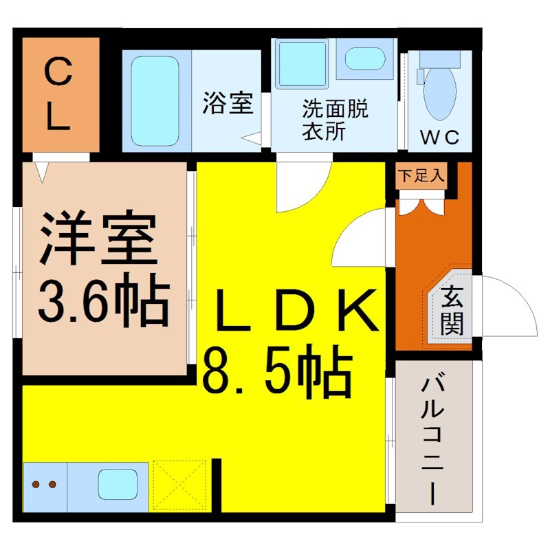 プレミアムテラス松葉町 間取図　ＬＤＫ8.5帖　洋室3.6帖　脱衣洗面所