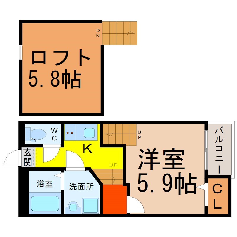 Ｃｒｅｏ堀田弐番館 間取図　洋室5.9帖　ロフト5.8帖　脱衣洗面所　バルコニー