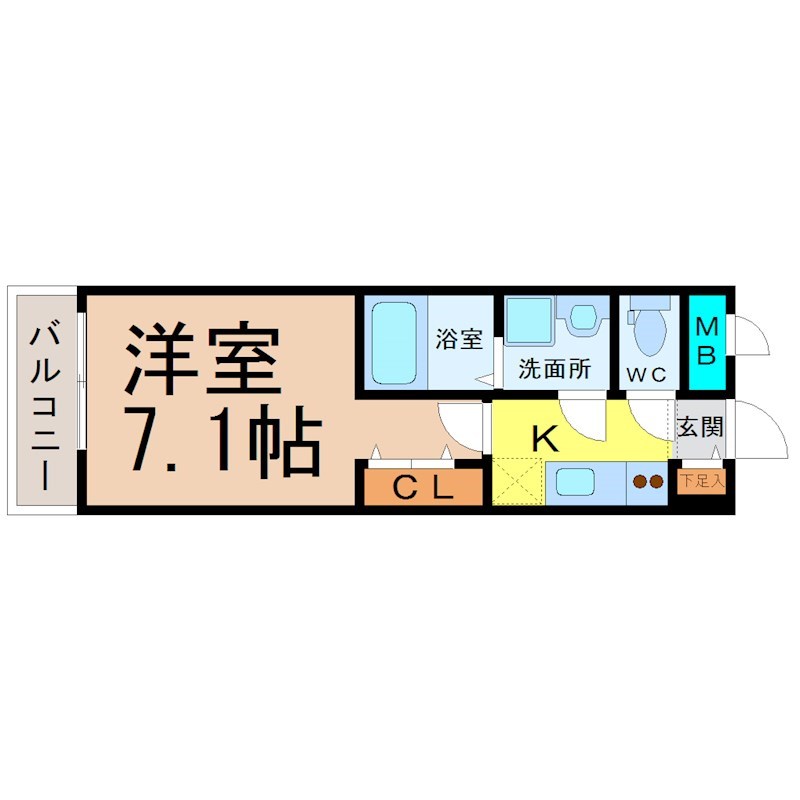 サンリットローレル 間取図　洋室7.1帖　脱衣洗面所　南面バルコニー