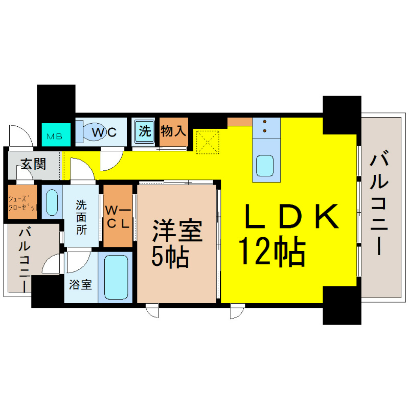 ＩＺ－Ｒｅｓｉｄｅｎｃｅ 間取り　ＬＤＫ12帖　洋室5帖　脱衣洗面所　バルコニー