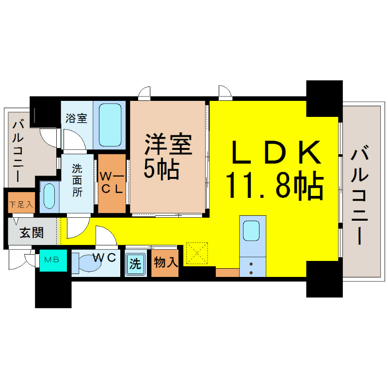 ＩＺ－Ｒｅｓｉｄｅｎｃｅ 間取り　ＬＤＫ11.8帖　洋室5帖　両面バルコニー　南向き