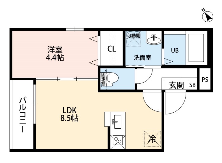 Ｌａｐｉｓ（ラビス） 間取り　ＬＤＫ8.5帖　洋室4.4帖　脱衣洗面所　バルコニー