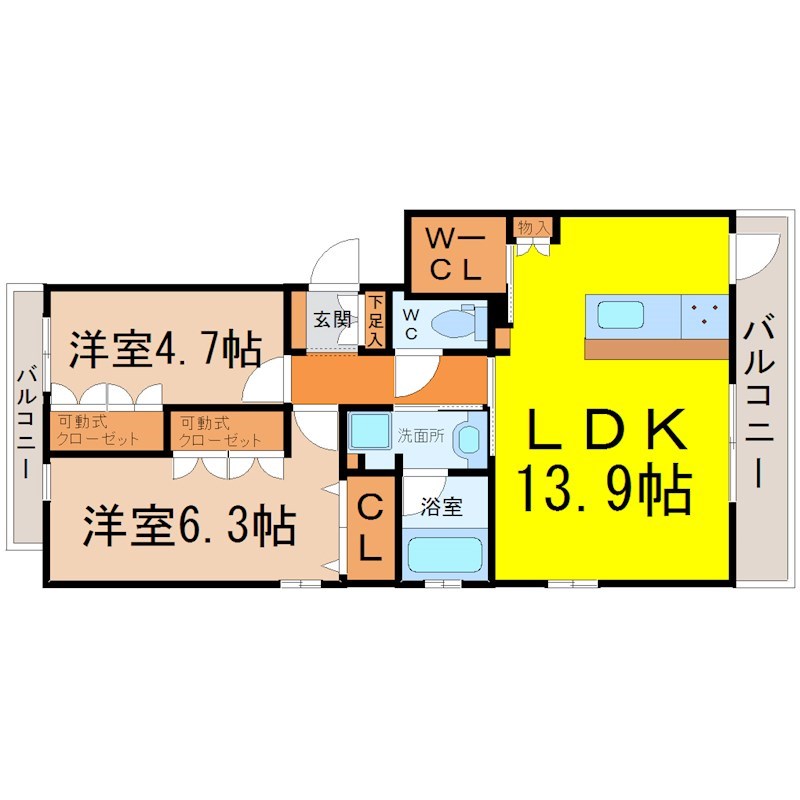 リューベツァール瑞穂 間取図　ＬＤＫ13.9帖　脱衣洗面所　南面バルコニー