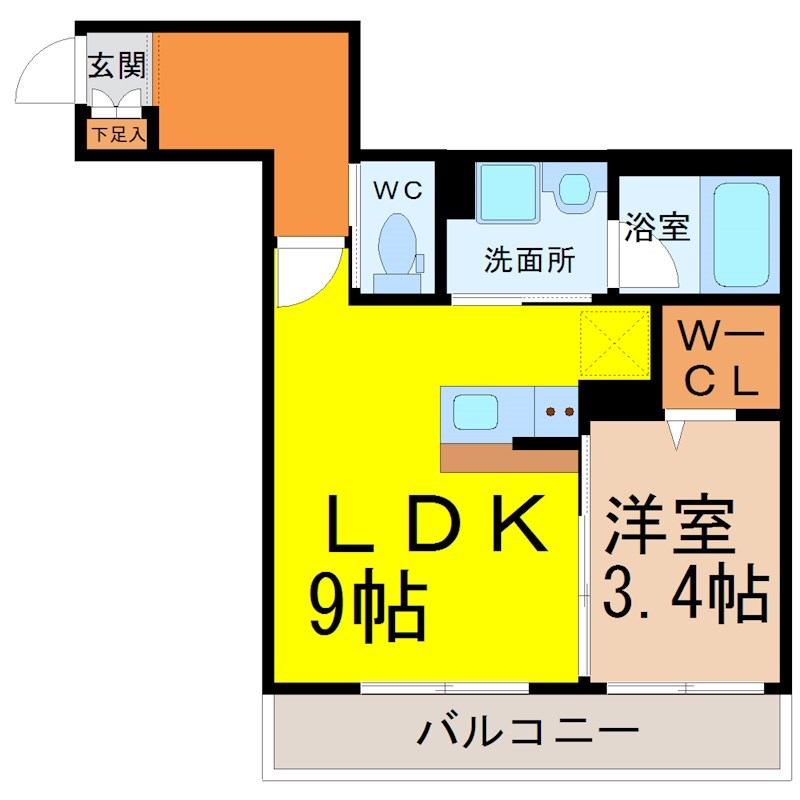 ジュネス幸心 間取図　ＬＤＫ9帖　洋室3.4帖　脱衣洗面所　バルコニー