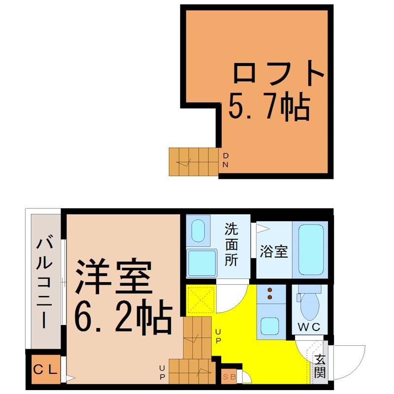 ハーモニーテラス庄内通 間取図　洋室6.2帖　ロフト5.7帖　脱衣洗面所　バルコニー