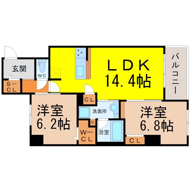 アイハウス 間取図　ＬＤＫ14.4帖　脱衣洗面所　収納充実　バルコニー