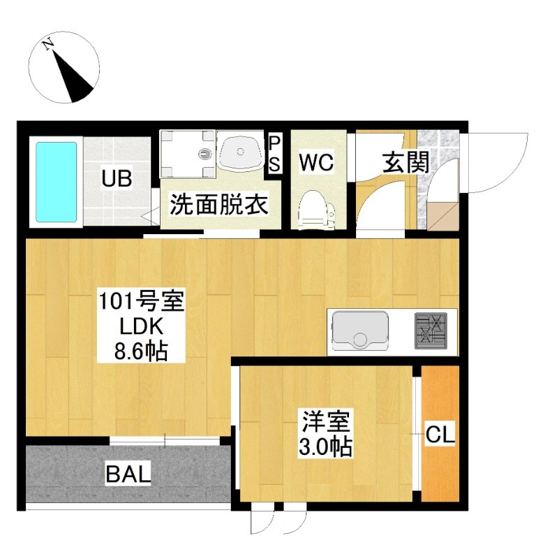 ＧＲＡＮＤＴＩＣ大曽根北 間取図　ＬＤＫ8.6帖　洋室3帖　脱衣洗面所　バルコニー