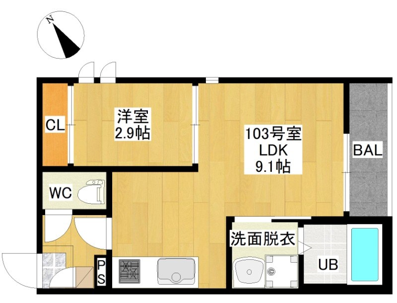 ＧＲＡＮＤＴＩＣ大曽根北 間取図　ＬＤＫ9.1帖　洋室2.9帖　脱衣洗面所　バルコニー
